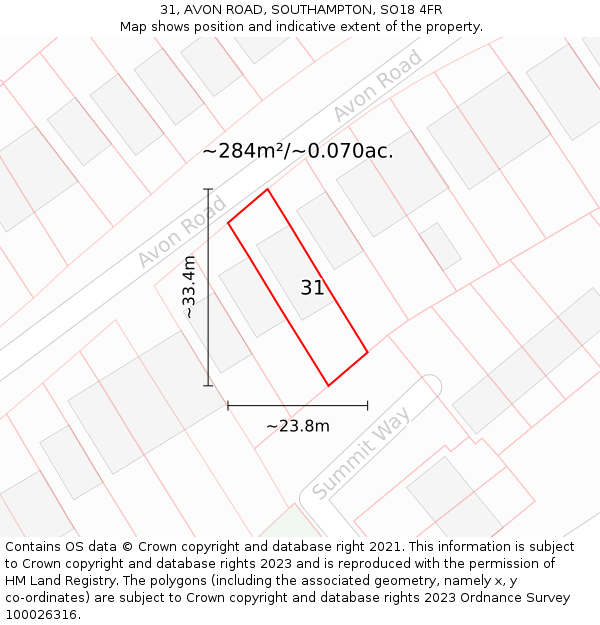 31, AVON ROAD, SOUTHAMPTON, SO18 4FR: Plot and title map