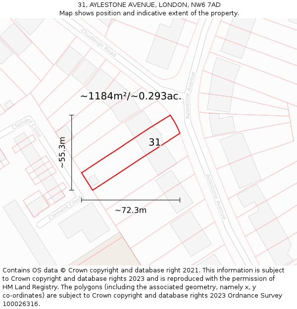 31, AYLESTONE AVENUE, LONDON, NW6 7AD: Plot and title map