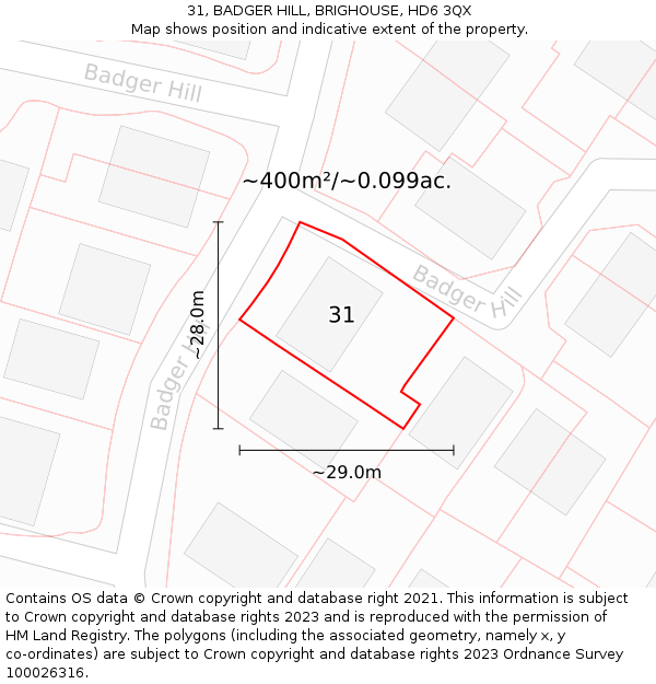 31, BADGER HILL, BRIGHOUSE, HD6 3QX: Plot and title map