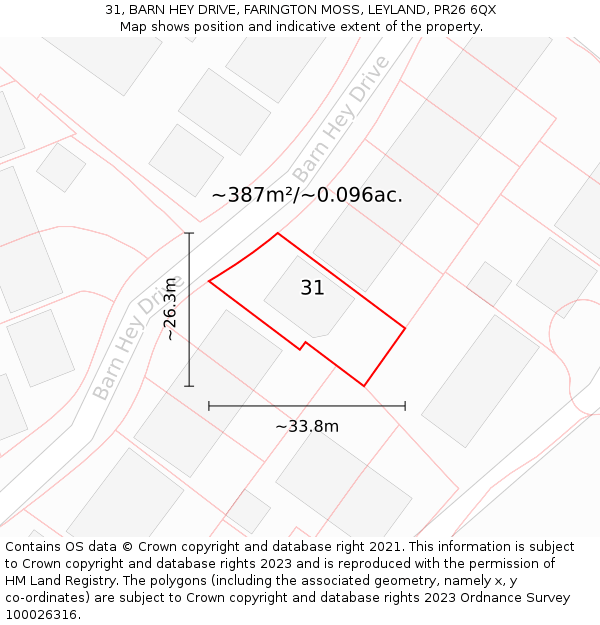 31, BARN HEY DRIVE, FARINGTON MOSS, LEYLAND, PR26 6QX: Plot and title map