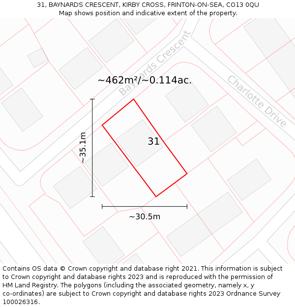 31, BAYNARDS CRESCENT, KIRBY CROSS, FRINTON-ON-SEA, CO13 0QU: Plot and title map