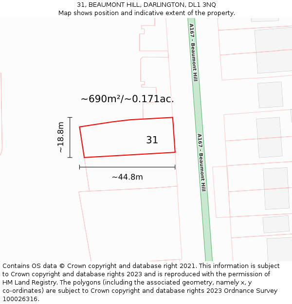 31, BEAUMONT HILL, DARLINGTON, DL1 3NQ: Plot and title map