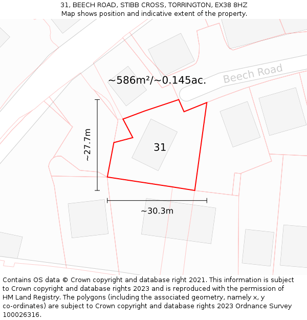 31, BEECH ROAD, STIBB CROSS, TORRINGTON, EX38 8HZ: Plot and title map