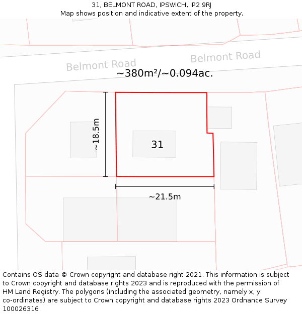 31, BELMONT ROAD, IPSWICH, IP2 9RJ: Plot and title map