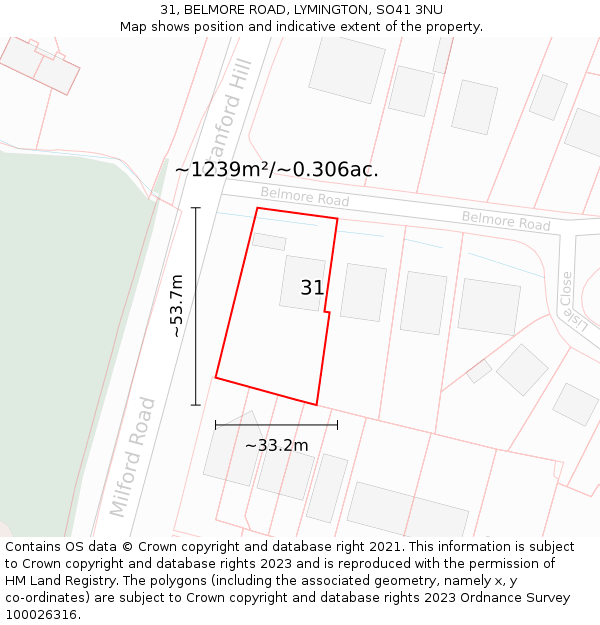 31, BELMORE ROAD, LYMINGTON, SO41 3NU: Plot and title map