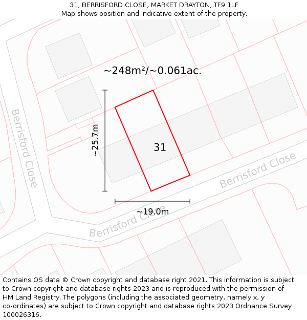 31, BERRISFORD CLOSE, MARKET DRAYTON, TF9 1LF: Plot and title map