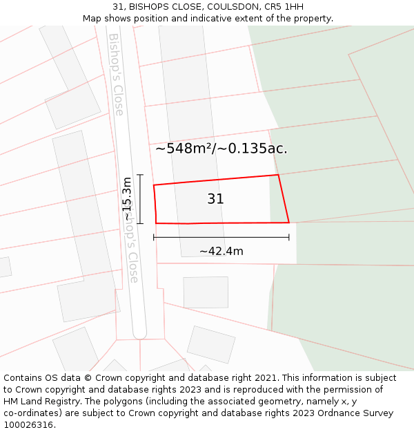 31, BISHOPS CLOSE, COULSDON, CR5 1HH: Plot and title map