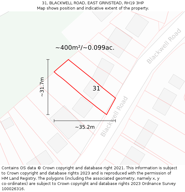 31, BLACKWELL ROAD, EAST GRINSTEAD, RH19 3HP: Plot and title map