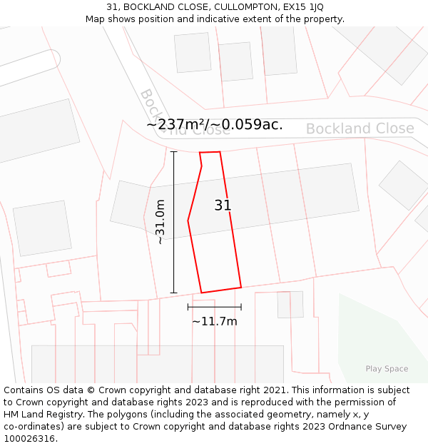 31, BOCKLAND CLOSE, CULLOMPTON, EX15 1JQ: Plot and title map