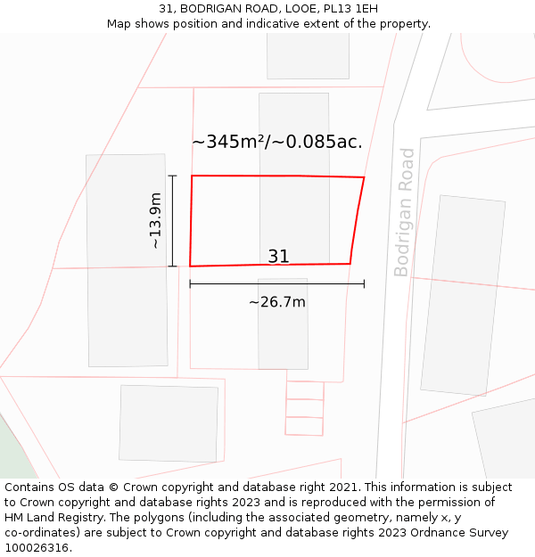 31, BODRIGAN ROAD, LOOE, PL13 1EH: Plot and title map