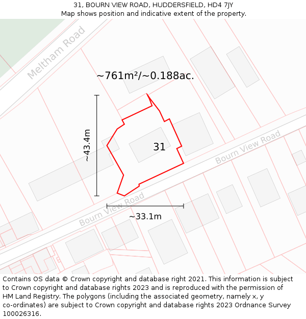 31, BOURN VIEW ROAD, HUDDERSFIELD, HD4 7JY: Plot and title map