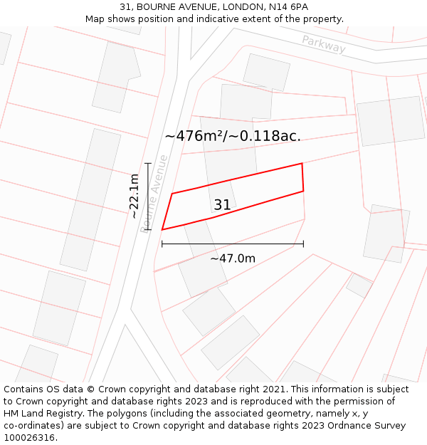 31, BOURNE AVENUE, LONDON, N14 6PA: Plot and title map