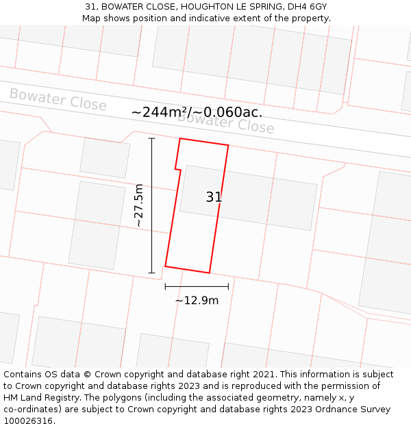 31, BOWATER CLOSE, HOUGHTON LE SPRING, DH4 6GY: Plot and title map