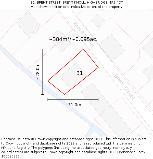 31, BRENT STREET, BRENT KNOLL, HIGHBRIDGE, TA9 4DT: Plot and title map