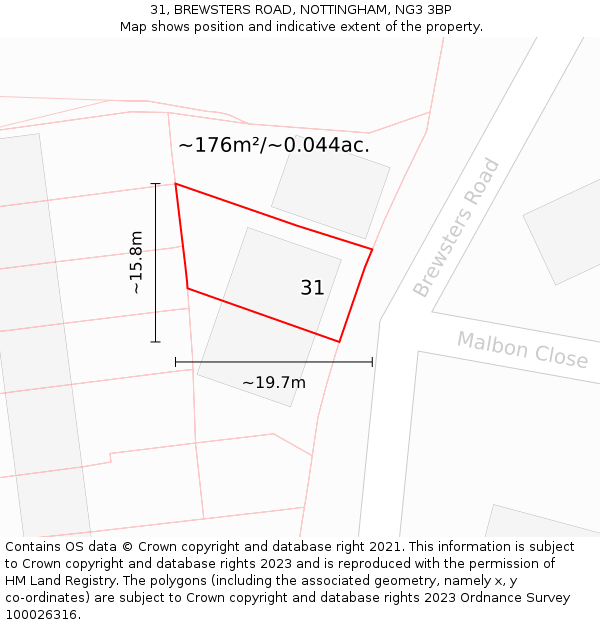 31, BREWSTERS ROAD, NOTTINGHAM, NG3 3BP: Plot and title map