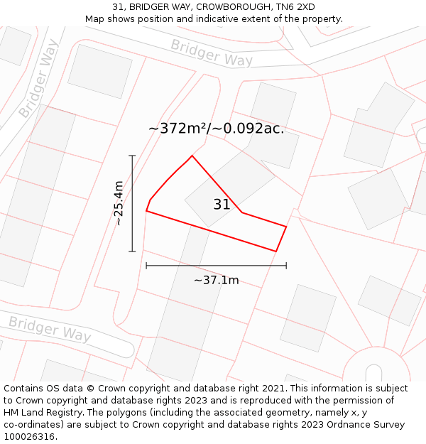 31, BRIDGER WAY, CROWBOROUGH, TN6 2XD: Plot and title map