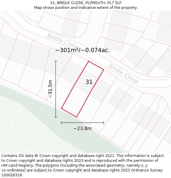 31, BRIDLE CLOSE, PLYMOUTH, PL7 5LF: Plot and title map