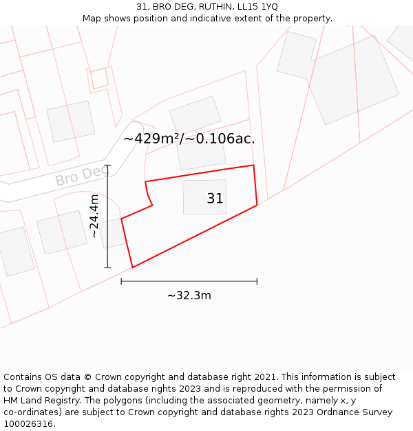 31, BRO DEG, RUTHIN, LL15 1YQ: Plot and title map