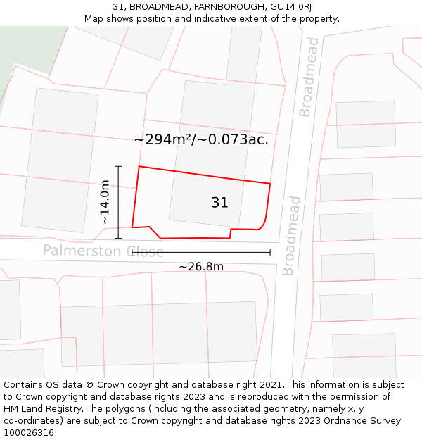 31, BROADMEAD, FARNBOROUGH, GU14 0RJ: Plot and title map