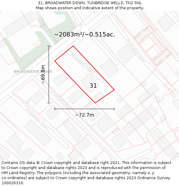 31, BROADWATER DOWN, TUNBRIDGE WELLS, TN2 5NL: Plot and title map