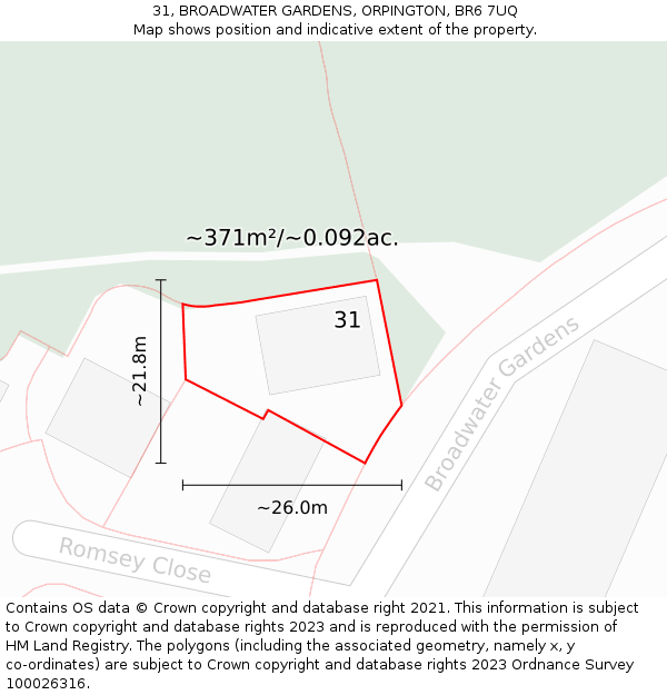 31, BROADWATER GARDENS, ORPINGTON, BR6 7UQ: Plot and title map