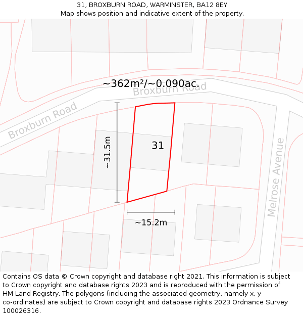 31, BROXBURN ROAD, WARMINSTER, BA12 8EY: Plot and title map