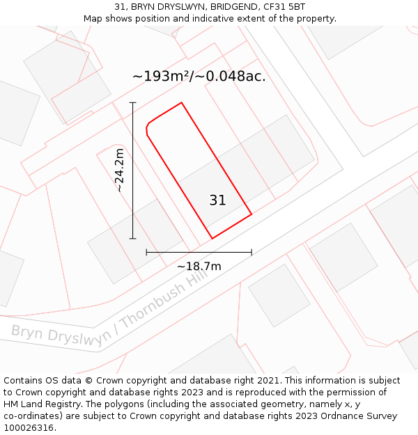 31, BRYN DRYSLWYN, BRIDGEND, CF31 5BT: Plot and title map