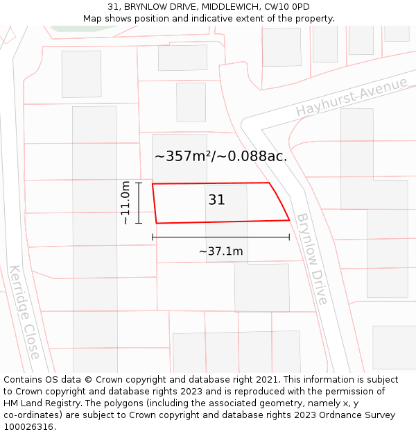 31, BRYNLOW DRIVE, MIDDLEWICH, CW10 0PD: Plot and title map