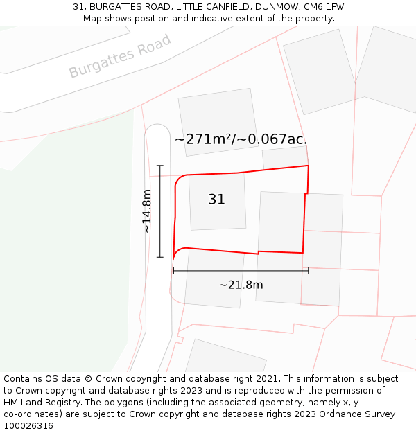 31, BURGATTES ROAD, LITTLE CANFIELD, DUNMOW, CM6 1FW: Plot and title map