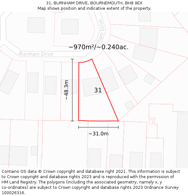 31, BURNHAM DRIVE, BOURNEMOUTH, BH8 9EX: Plot and title map