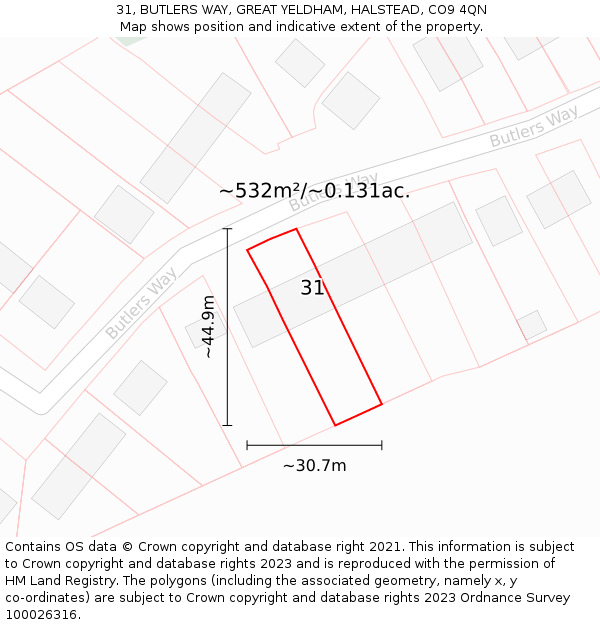 31, BUTLERS WAY, GREAT YELDHAM, HALSTEAD, CO9 4QN: Plot and title map