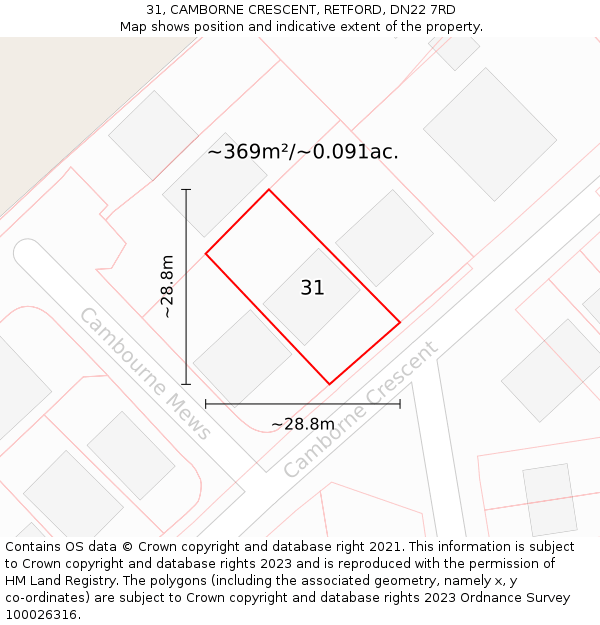 31, CAMBORNE CRESCENT, RETFORD, DN22 7RD: Plot and title map