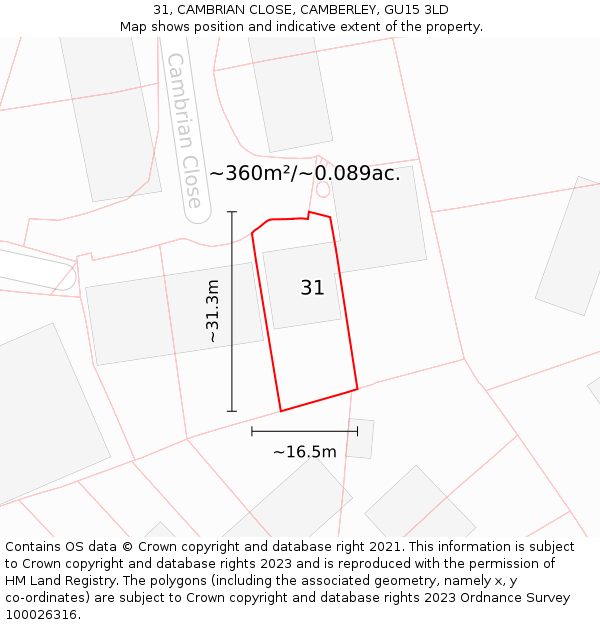 31, CAMBRIAN CLOSE, CAMBERLEY, GU15 3LD: Plot and title map