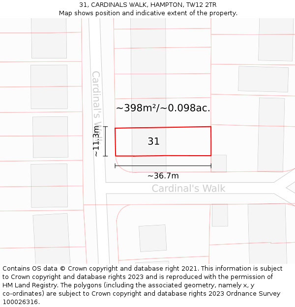 31, CARDINALS WALK, HAMPTON, TW12 2TR: Plot and title map