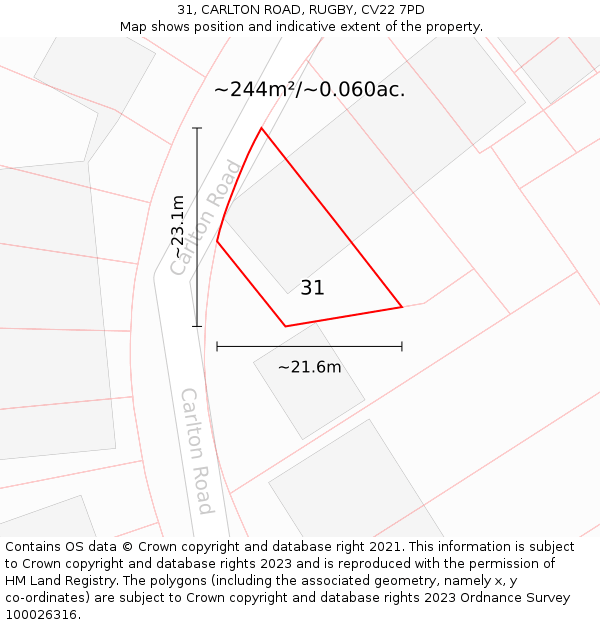 31, CARLTON ROAD, RUGBY, CV22 7PD: Plot and title map