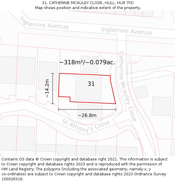 31, CATHERINE MCAULEY CLOSE, HULL, HU6 7FD: Plot and title map