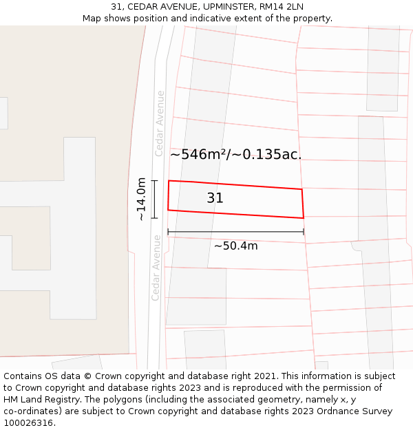 31, CEDAR AVENUE, UPMINSTER, RM14 2LN: Plot and title map