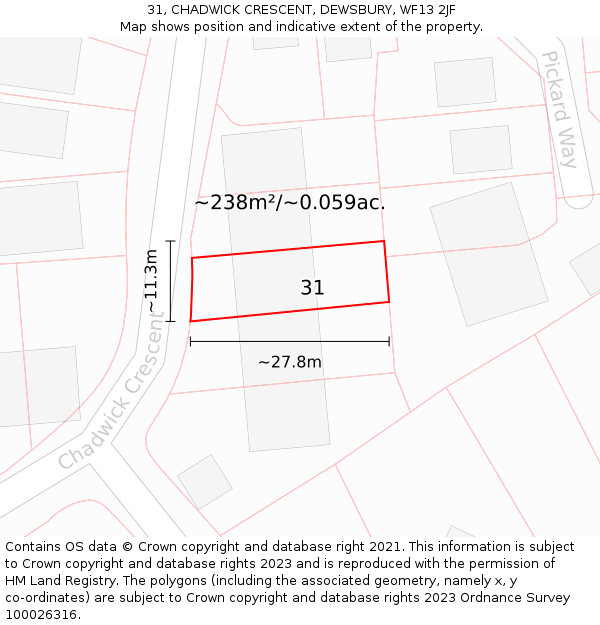 31, CHADWICK CRESCENT, DEWSBURY, WF13 2JF: Plot and title map