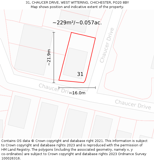 31, CHAUCER DRIVE, WEST WITTERING, CHICHESTER, PO20 8BY: Plot and title map