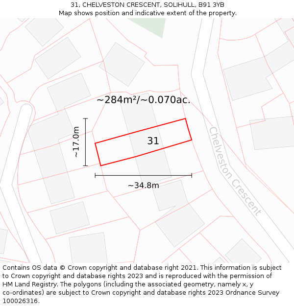 31, CHELVESTON CRESCENT, SOLIHULL, B91 3YB: Plot and title map