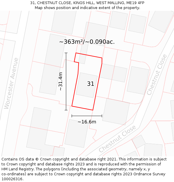 31, CHESTNUT CLOSE, KINGS HILL, WEST MALLING, ME19 4FP: Plot and title map