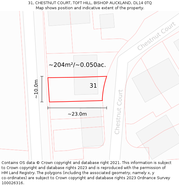 31, CHESTNUT COURT, TOFT HILL, BISHOP AUCKLAND, DL14 0TQ: Plot and title map