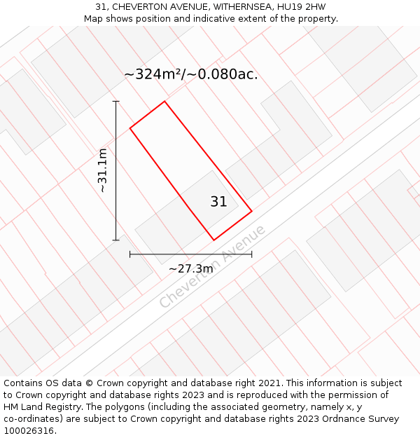 31, CHEVERTON AVENUE, WITHERNSEA, HU19 2HW: Plot and title map