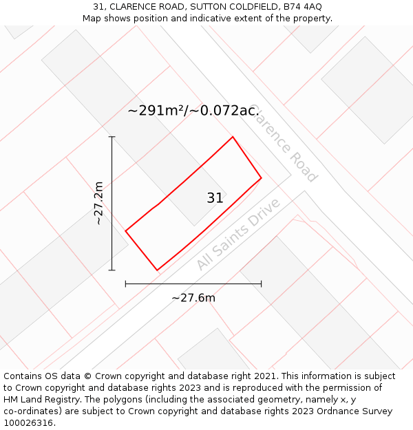 31, CLARENCE ROAD, SUTTON COLDFIELD, B74 4AQ: Plot and title map