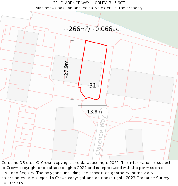 31, CLARENCE WAY, HORLEY, RH6 9GT: Plot and title map