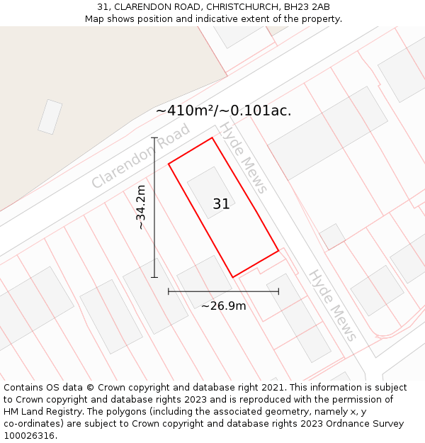 31, CLARENDON ROAD, CHRISTCHURCH, BH23 2AB: Plot and title map