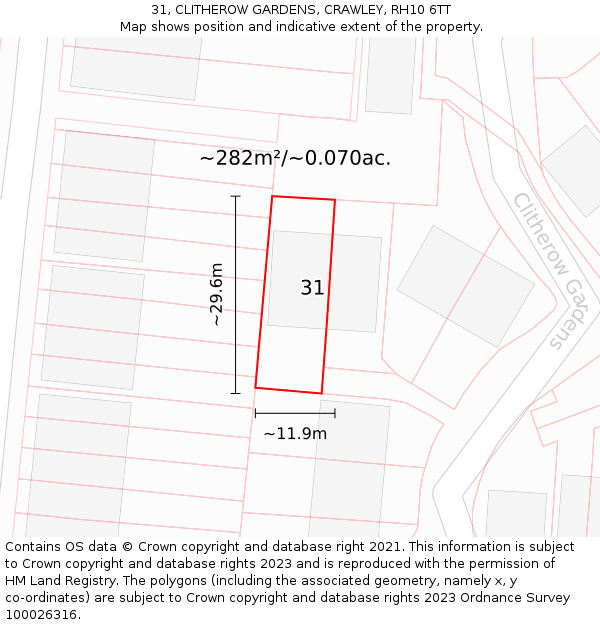 31, CLITHEROW GARDENS, CRAWLEY, RH10 6TT: Plot and title map