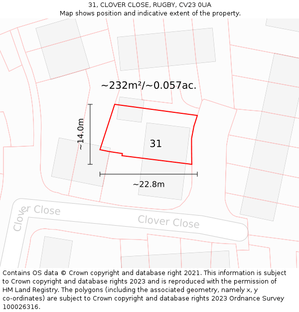 31, CLOVER CLOSE, RUGBY, CV23 0UA: Plot and title map