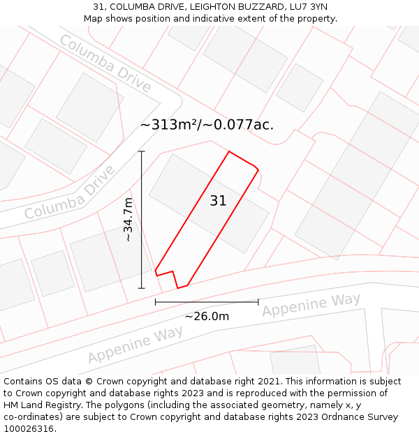 31, COLUMBA DRIVE, LEIGHTON BUZZARD, LU7 3YN: Plot and title map