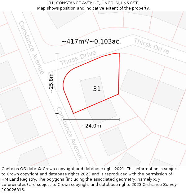 31, CONSTANCE AVENUE, LINCOLN, LN6 8ST: Plot and title map